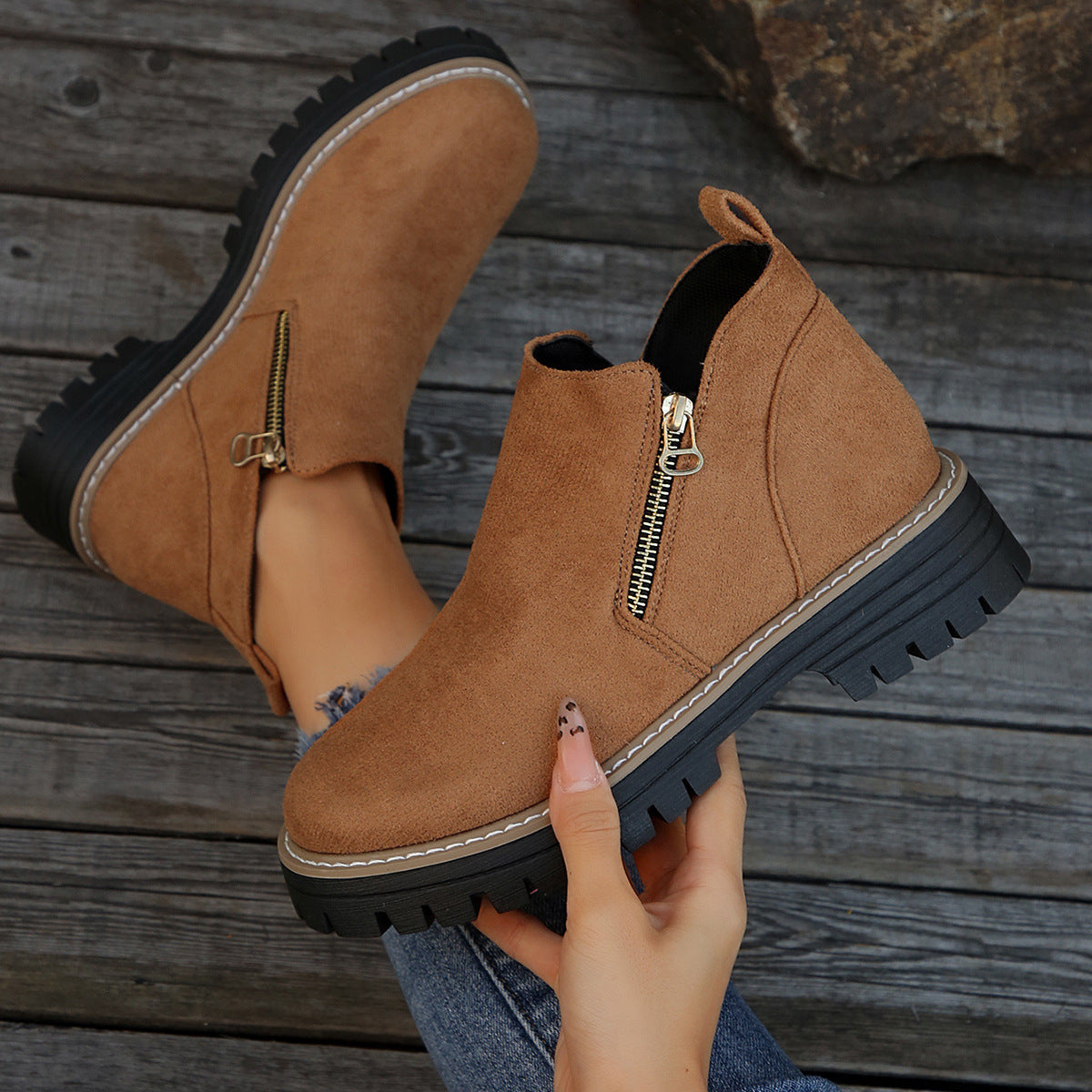 Chelsea | Women's Suede-Look Ankle Boots – Side Zip, Chunky Lug Sole, Stitched Welt – Camel