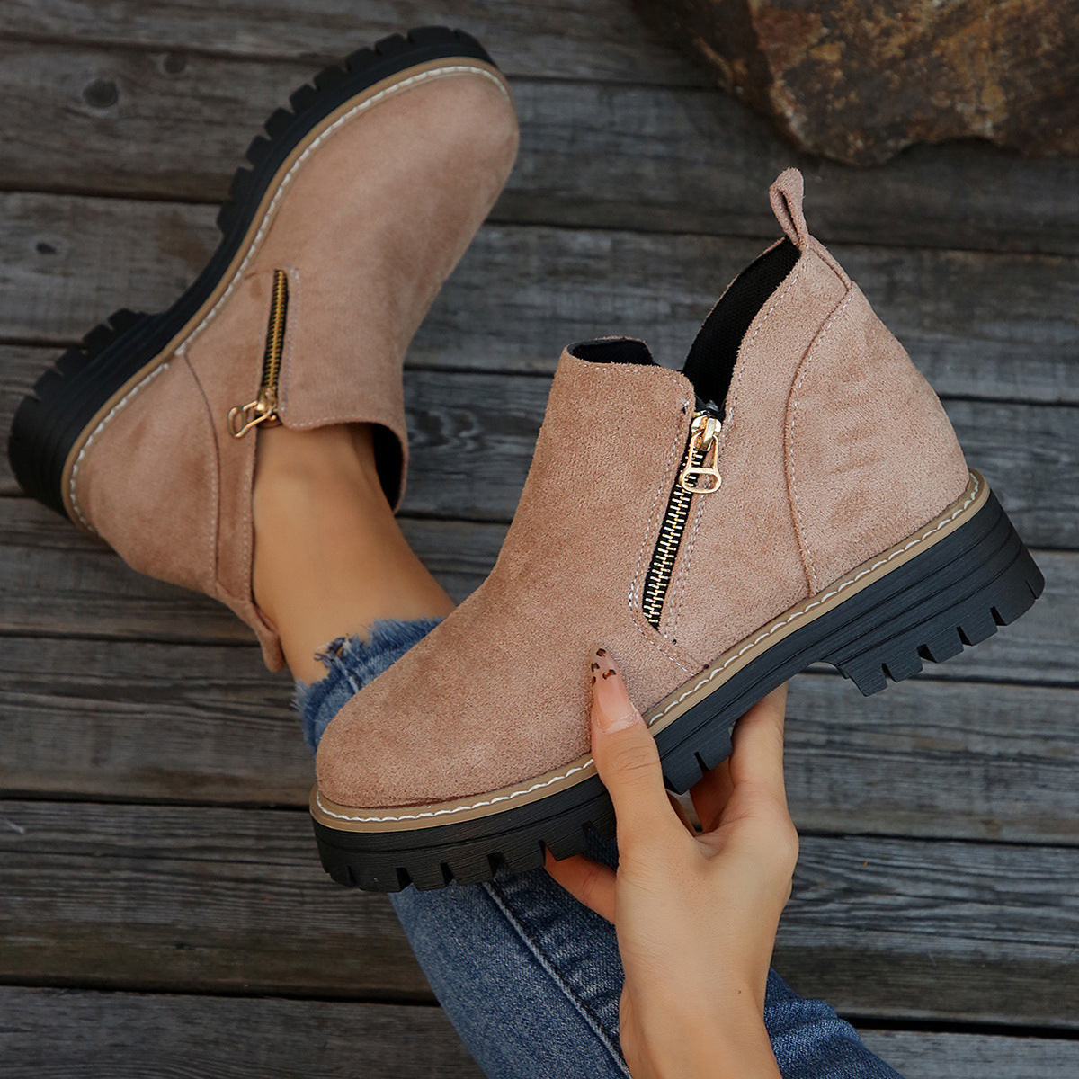 Chelsea | Women's Suede-Look Ankle Boots – Side Zip, Chunky Lug Sole, Stitched Welt – Dusty Pink