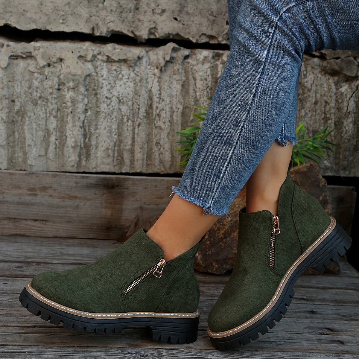 Chelsea | Women's Suede-Look Ankle Boots – Side Zip, Chunky Lug Sole, Stitched Welt – Olive