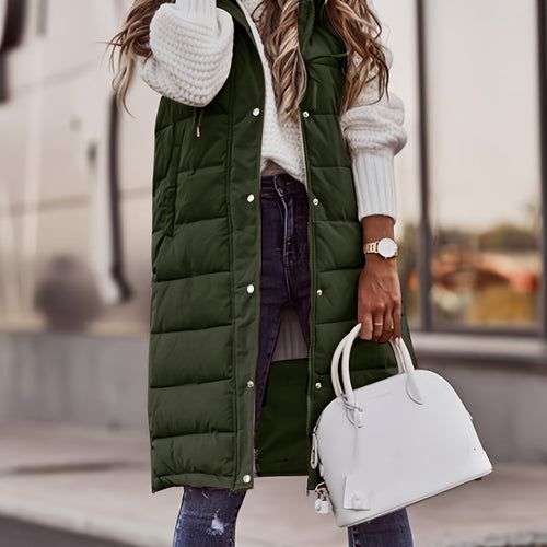 Chloe | Women's Long Hooded Puffer Vest – Quilted, Snap Front, Knee Length