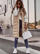 Chloe | Women's Long Hooded Puffer Vest – Quilted, Snap Front, Knee Length – Beige