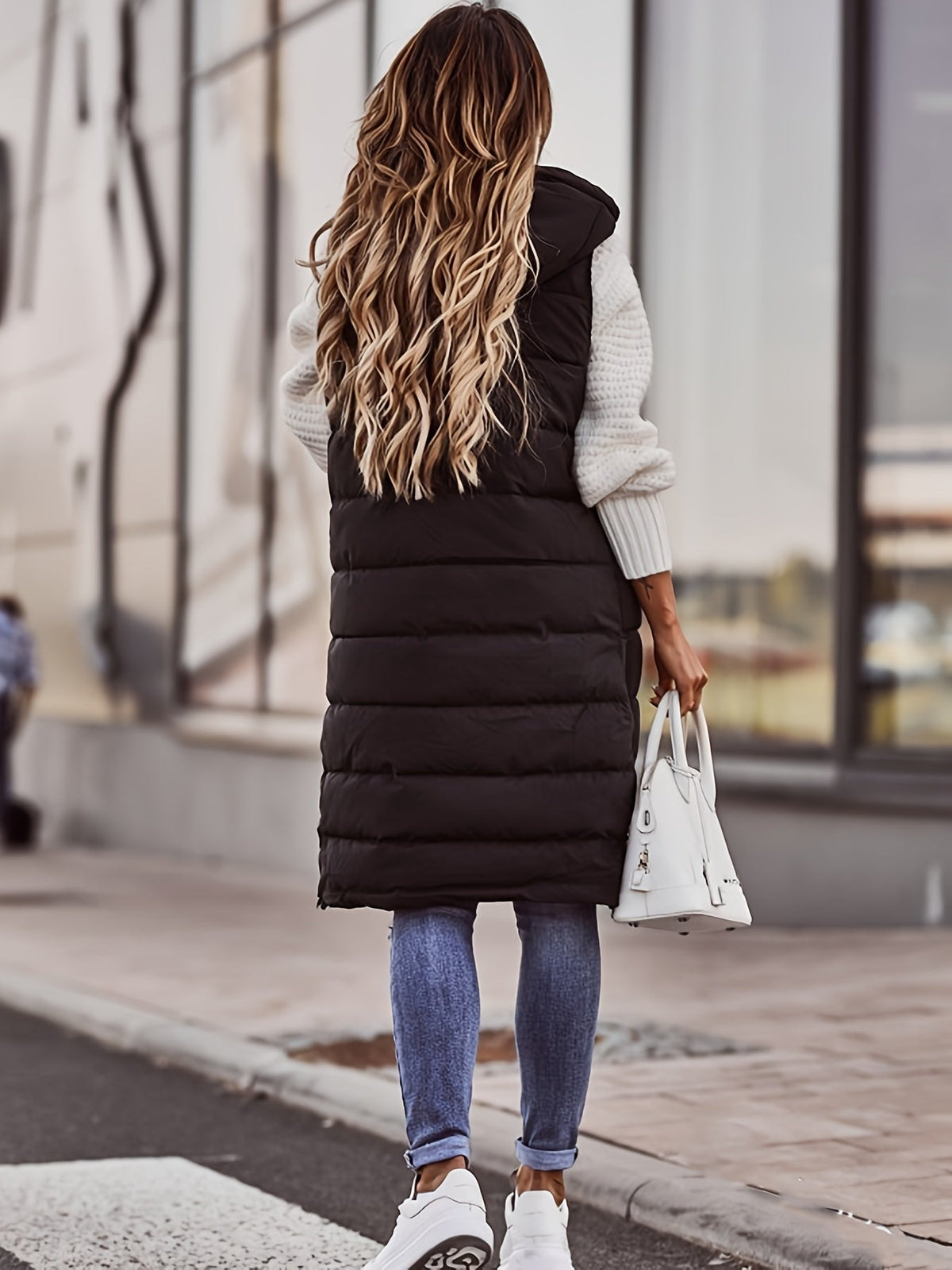 Chloe | Women's Long Hooded Puffer Vest – Quilted, Snap Front, Knee Length