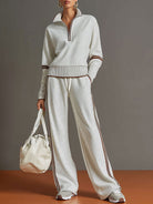 Claire – Women's Knit Half-Zip Sweater and Wide-Leg Pants Set – Contrast Trim