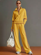 Claire – Women's Knit Half-Zip Sweater and Wide-Leg Pants Set – Contrast Trim