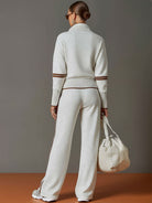 Claire – Women's Knit Half-Zip Sweater and Wide-Leg Pants Set – Contrast Trim