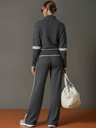 Claire – Women's Knit Half-Zip Sweater and Wide-Leg Pants Set – Contrast Trim