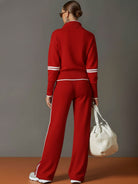 Claire – Women's Knit Half-Zip Sweater and Wide-Leg Pants Set – Contrast Trim