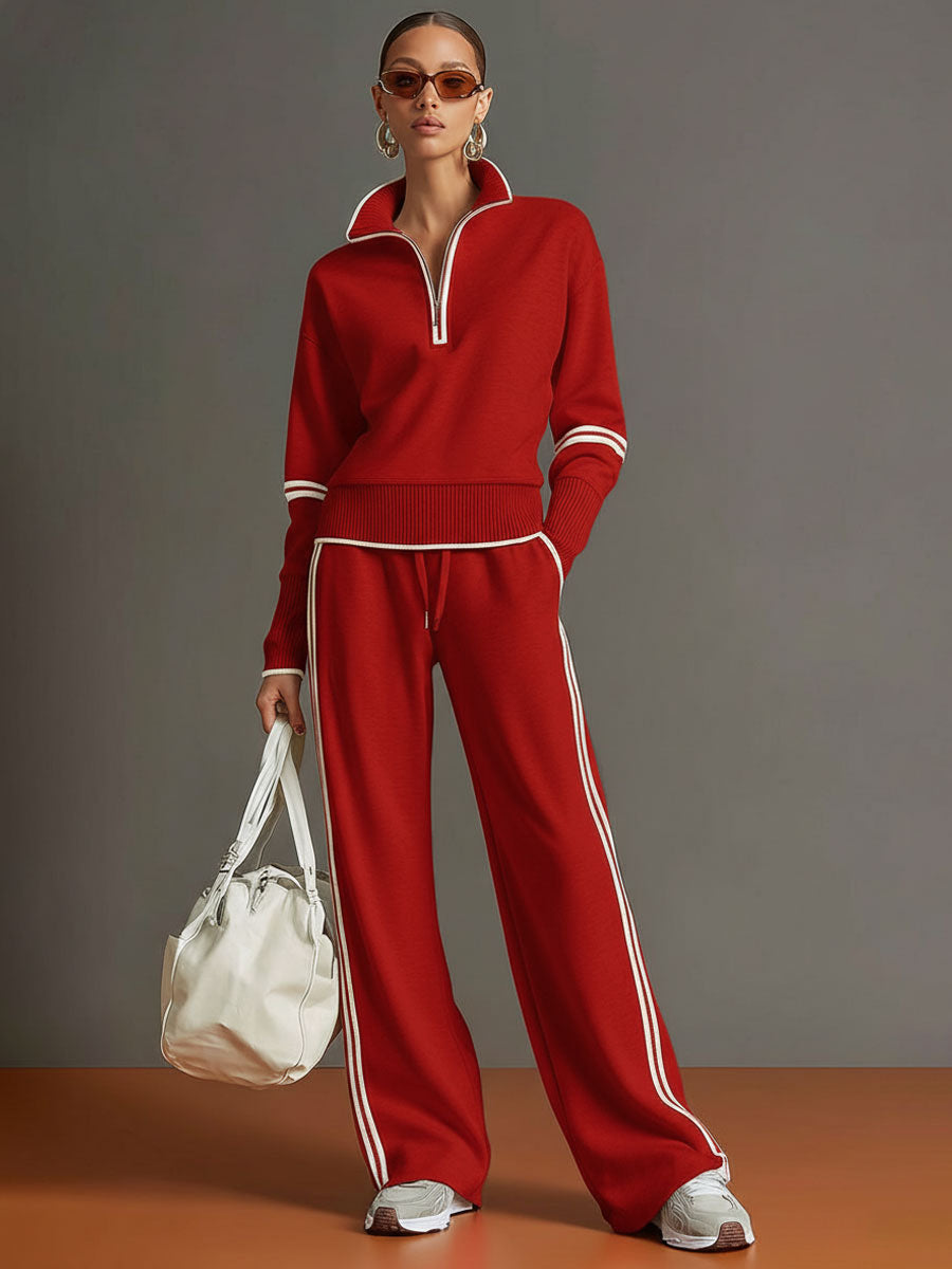 Claire – Women's Knit Half-Zip Sweater and Wide-Leg Pants Set – Contrast Trim
