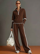 Claire – Women's Knit Half-Zip Sweater and Wide-Leg Pants Set – Contrast Trim
