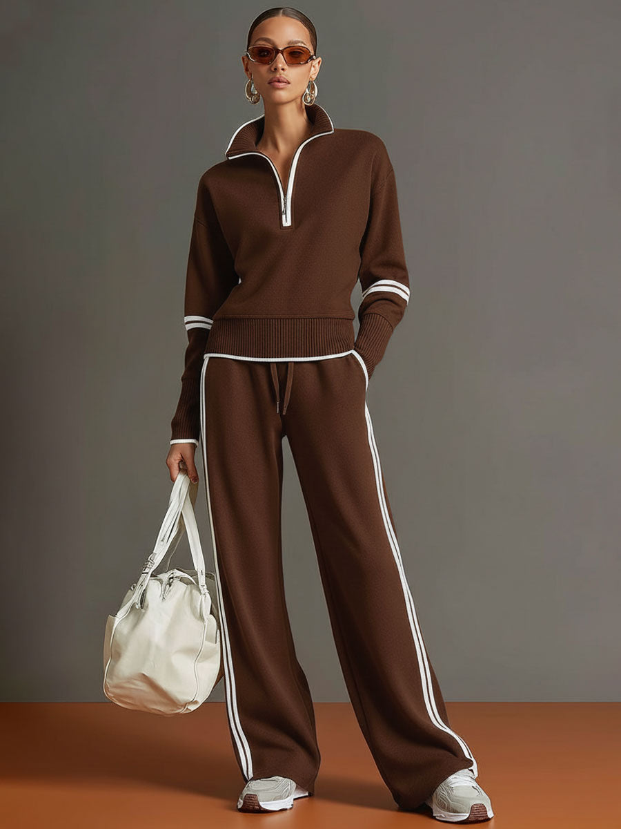 Claire – Women's Knit Half-Zip Sweater and Wide-Leg Pants Set – Contrast Trim