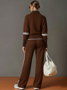 Claire – Women's Knit Half-Zip Sweater and Wide-Leg Pants Set – Contrast Trim