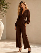 Clementine – Women's Wrap Jumpsuit – Long Sleeve, Buckle Waist and Wide Legs
