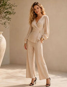 Clementine – Women's Wrap Jumpsuit – Long Sleeve, Buckle Waist and Wide Legs