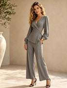 Clementine – Women's Wrap Jumpsuit – Long Sleeve, Buckle Waist and Wide Legs