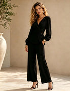 Clementine – Women's Wrap Jumpsuit – Long Sleeve, Buckle Waist and Wide Legs