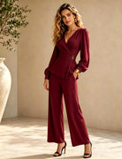 Clementine – Women's Wrap Jumpsuit – Long Sleeve, Buckle Waist and Wide Legs