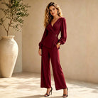Clementine – Women's Wrap Jumpsuit – Long Sleeve, Buckle Waist and Wide Legs