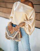 Colette – Women's Satin-Finish Asymmetric Blouse – Batwing Sleeves, One-Shoulder Drape