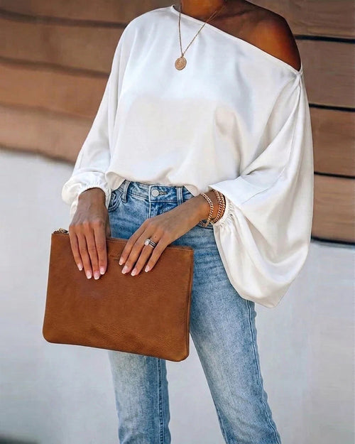 Colette – Women's Satin-Finish Asymmetric Blouse – Batwing Sleeves, One-Shoulder Drape