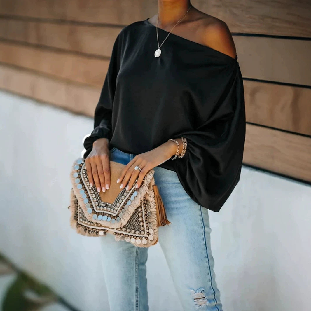 Colette – Women's Satin-Finish Asymmetric Blouse – Batwing Sleeves, One-Shoulder Drape