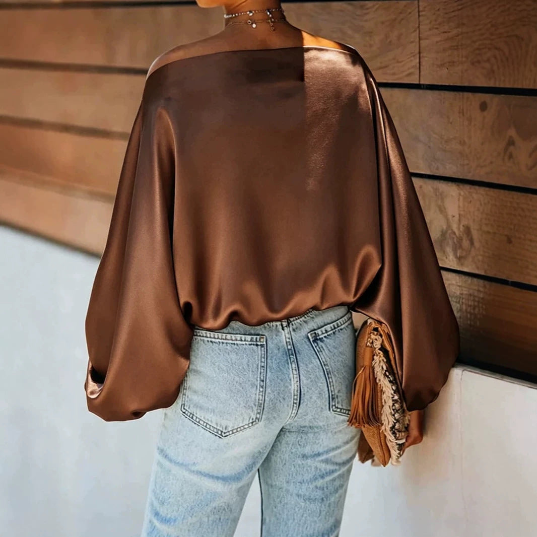 Colette – Women's Satin-Finish Asymmetric Blouse – Batwing Sleeves, One-Shoulder Drape