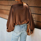 Colette – Women's Satin-Finish Asymmetric Blouse – Batwing Sleeves, One-Shoulder Drape