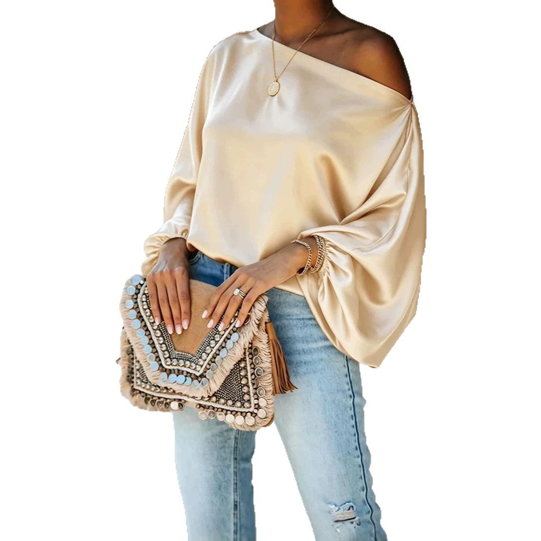 Colette – Women's Satin-Finish Asymmetric Blouse – Batwing Sleeves, One-Shoulder Drape