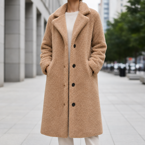 Cora – Women's Oversized Teddy Coat – Plush Faux Shearling with Notched Lapel