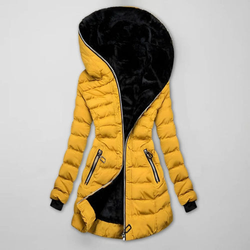 Courtney | Women's Quilted Puffer Jacket – Plush-Lined Hood, Fitted Waist, Zip Pockets – Mustard Yellow