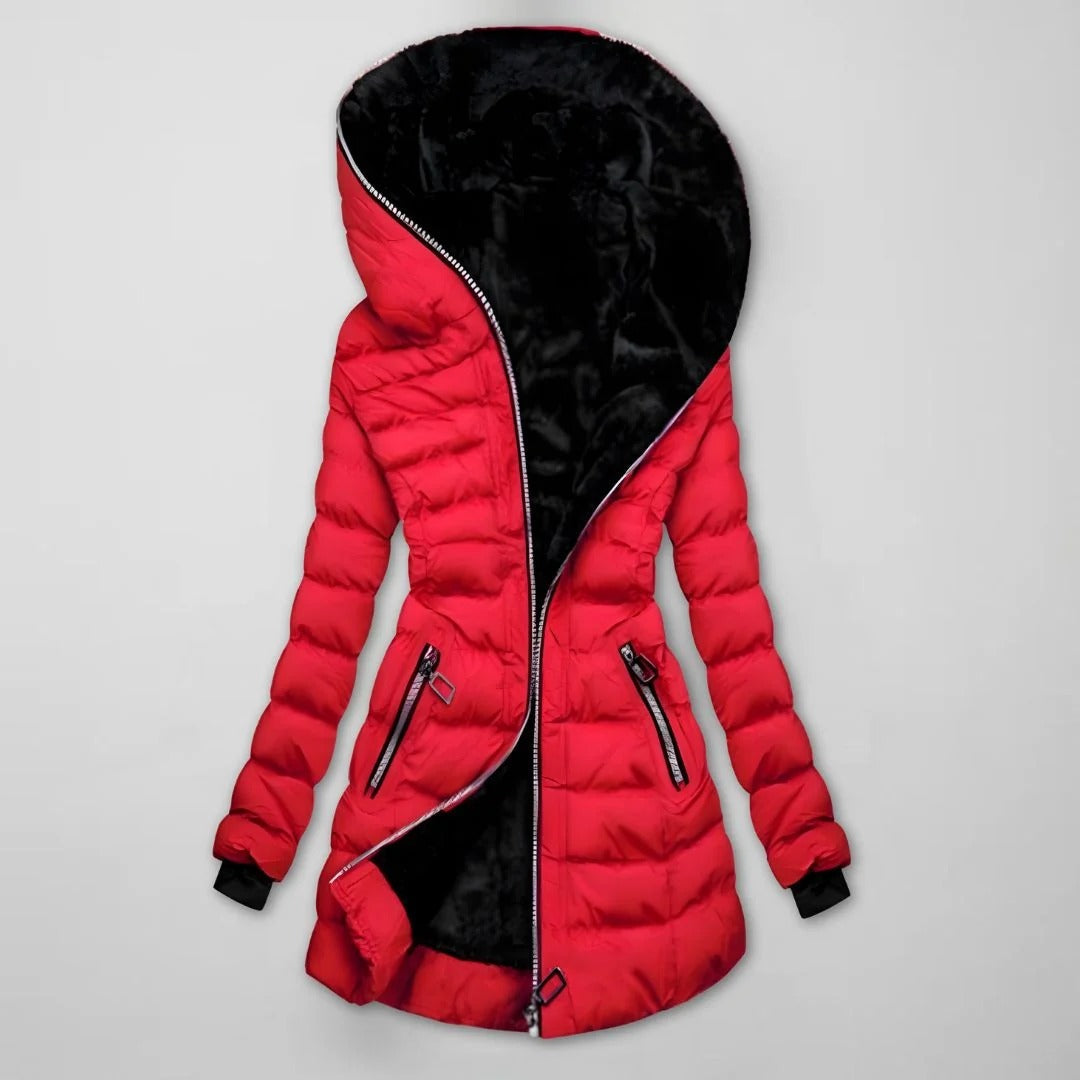 Courtney | Women's Quilted Puffer Jacket – Plush-Lined Hood, Fitted Waist, Zip Pockets – Red