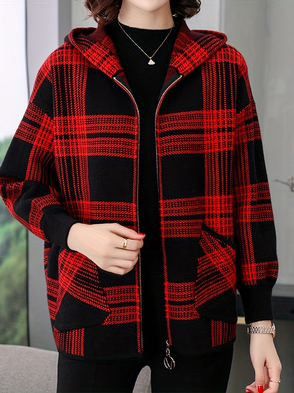 Delaney | Women's Checked Hooded Jacket – Zip-Up Knit