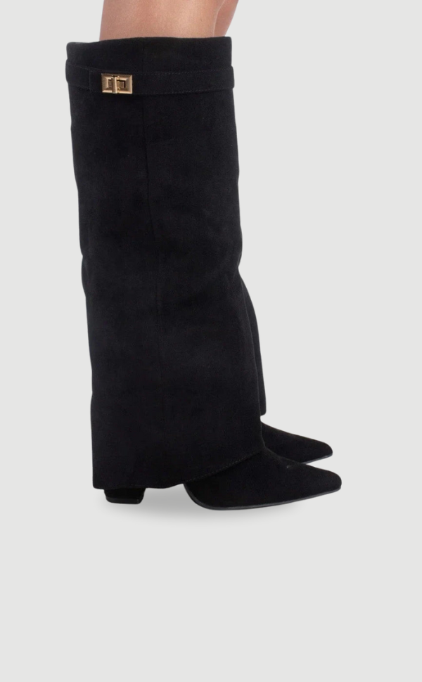 Daisy | Women's Knee High Block Heel Boots – Suede-Look Tall Boots with Gold Detail