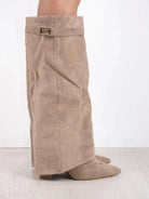 Daisy | Women's Knee High Block Heel Boots – Suede-Look Tall Boots with Gold Detail