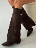 Daisy | Women's Knee High Block Heel Boots – Suede-Look Tall Boots with Gold Detail – Brown Suede-Look