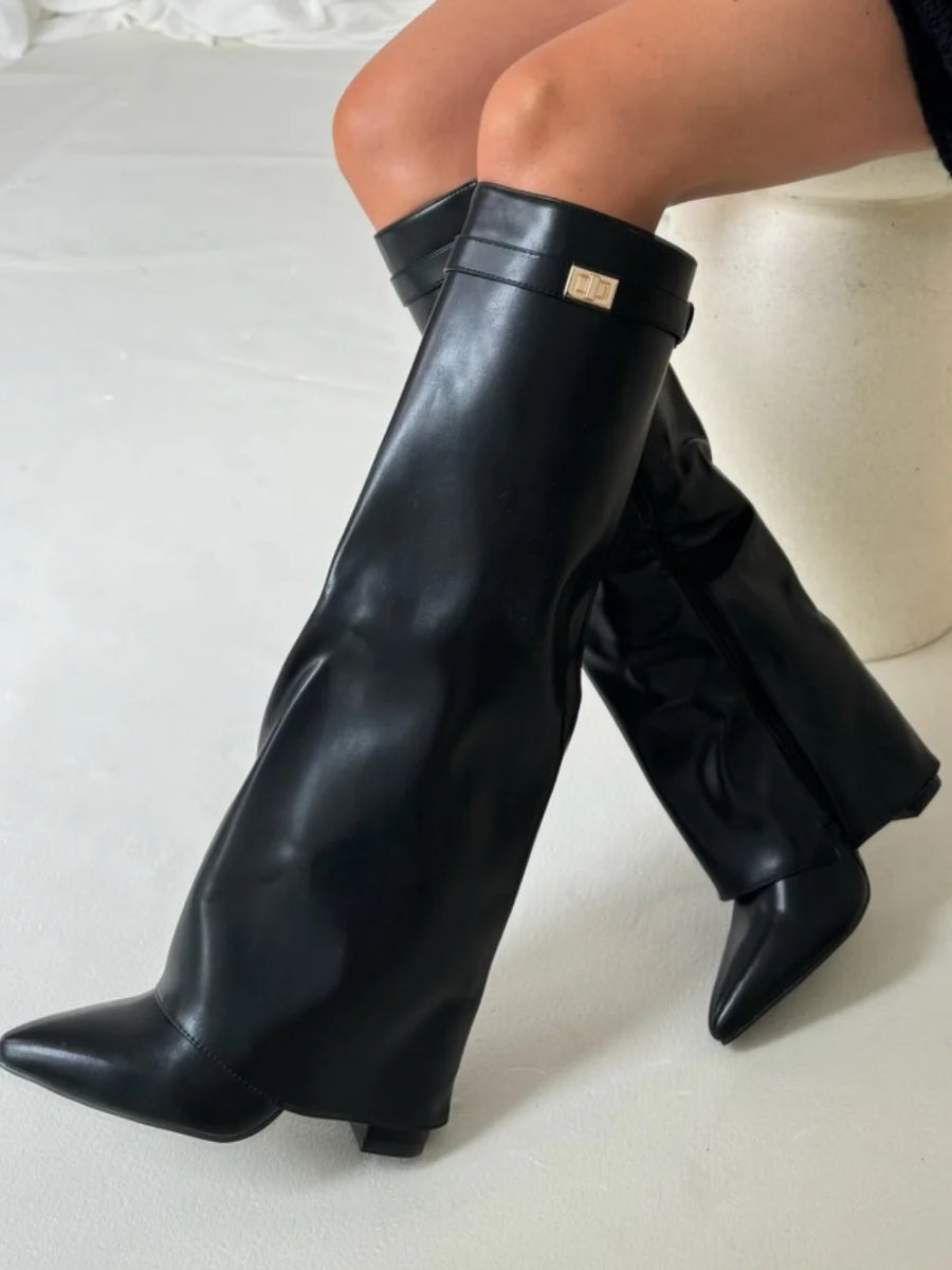 Daisy | Women's Knee High Block Heel Boots – Suede-Look Tall Boots with Gold Detail – Black Leather-Look