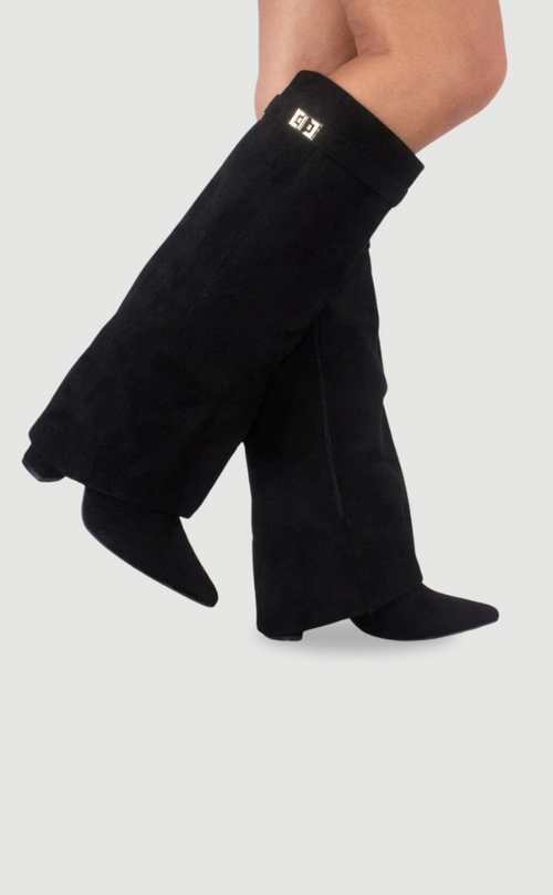 Daisy | Women's Knee High Block Heel Boots – Suede-Look Tall Boots with Gold Detail – Black Suede-Look