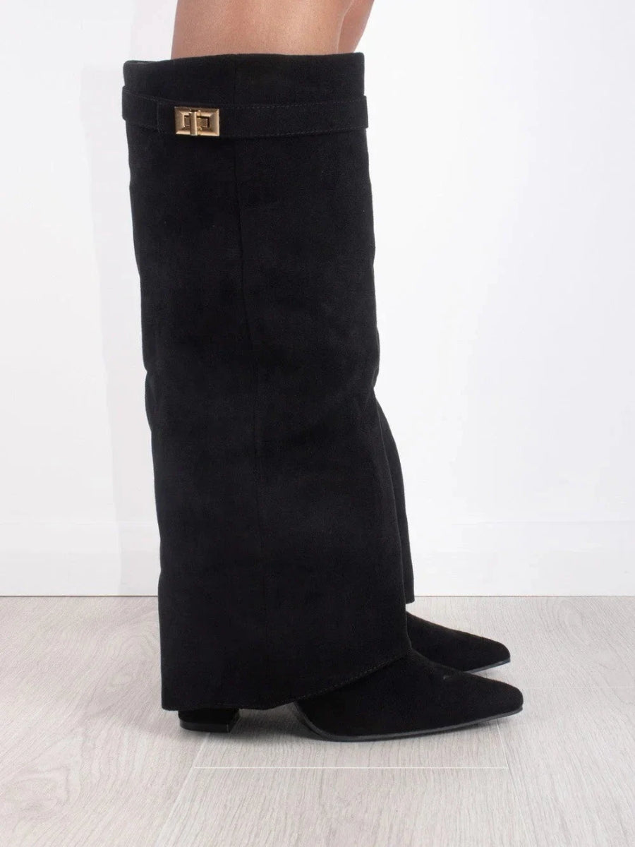 Daisy | Women's Knee High Block Heel Boots – Suede-Look Tall Boots with Gold Detail