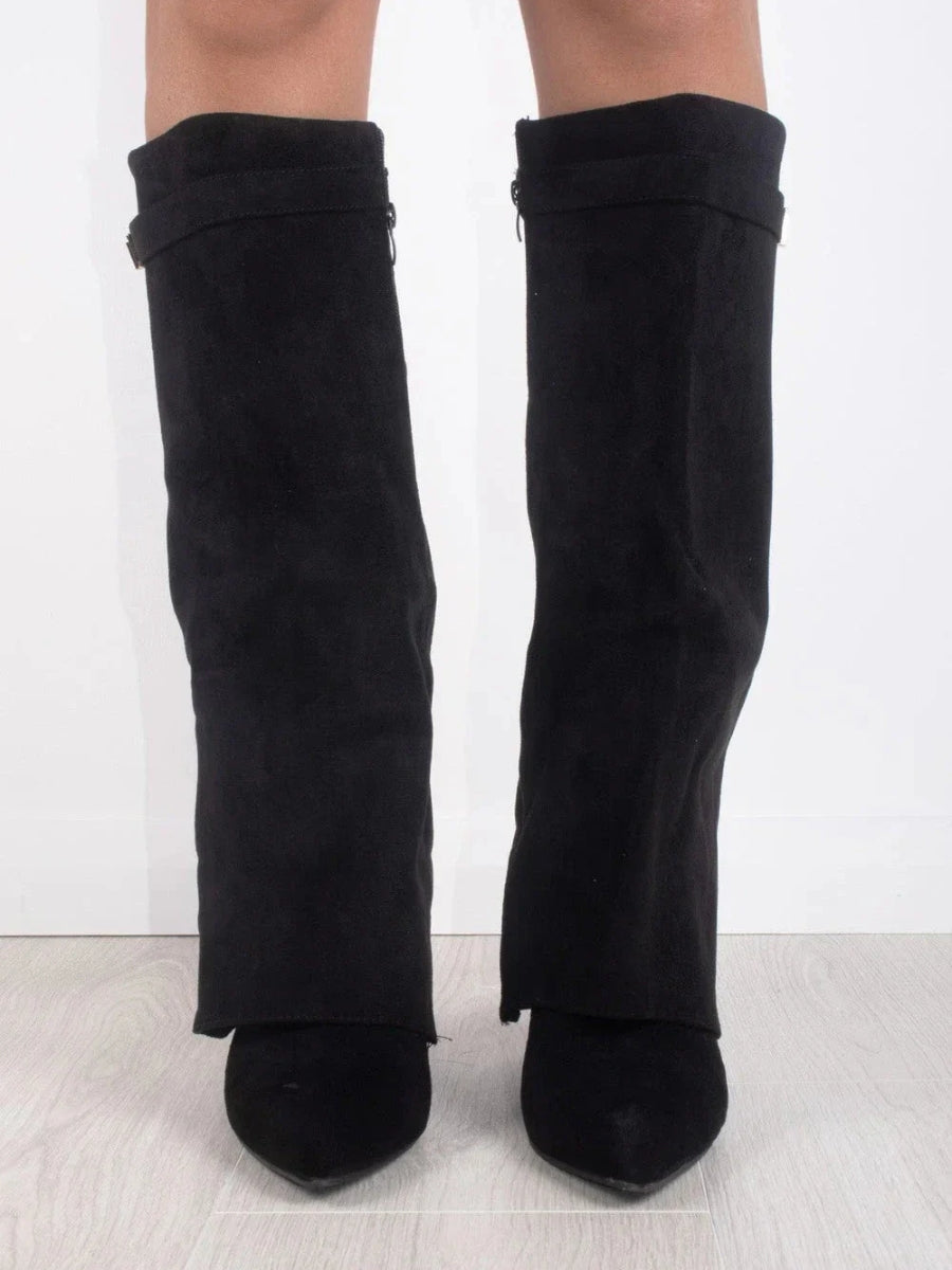 Daisy | Women's Knee High Block Heel Boots – Suede-Look Tall Boots with Gold Detail