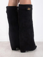 Daisy | Women's Knee High Block Heel Boots – Suede-Look Tall Boots with Gold Detail