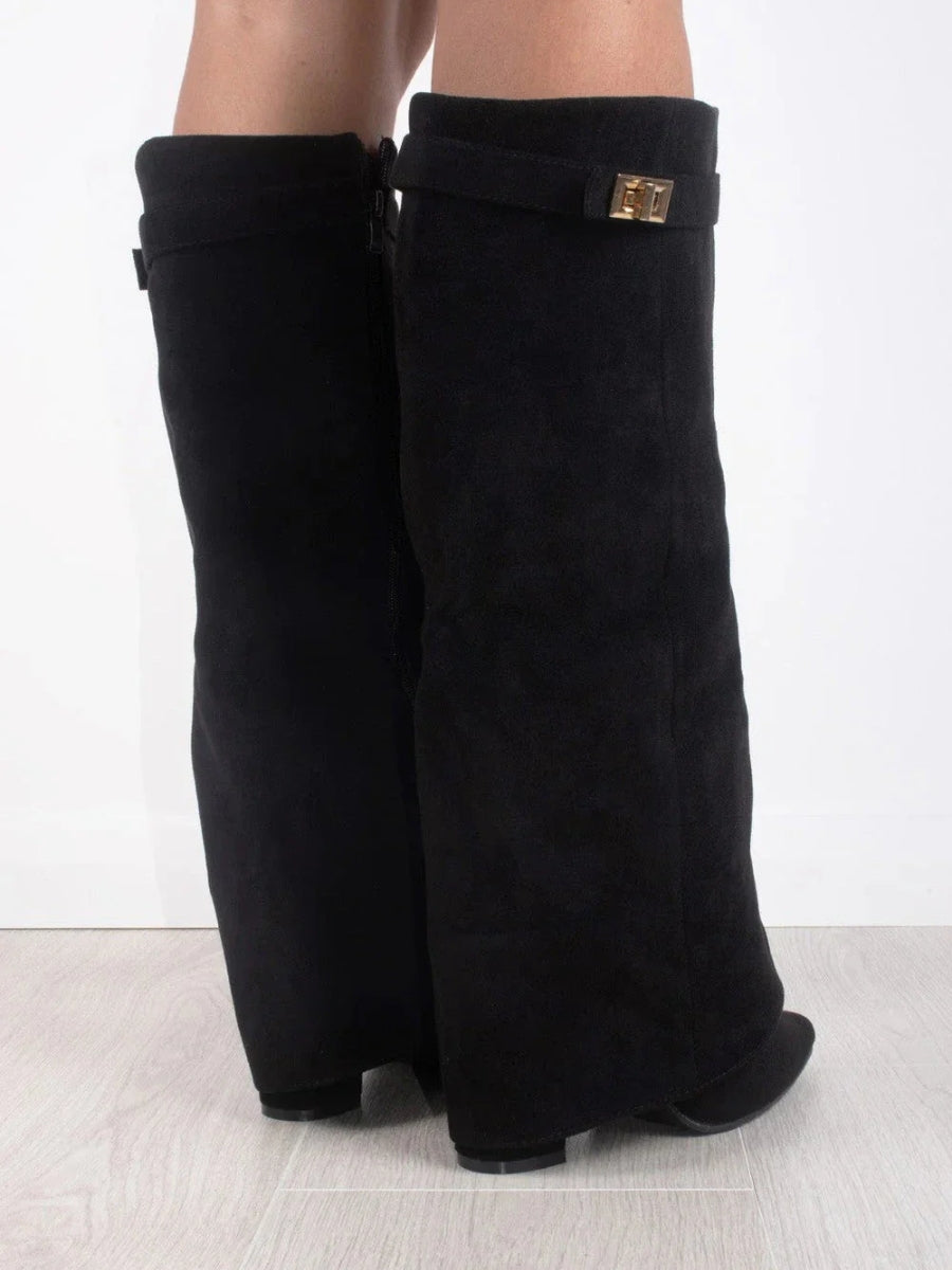 Daisy | Women's Knee High Block Heel Boots – Suede-Look Tall Boots with Gold Detail