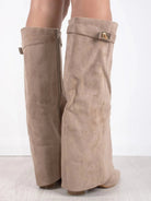 Daisy | Women's Knee High Block Heel Boots – Suede-Look Tall Boots with Gold Detail