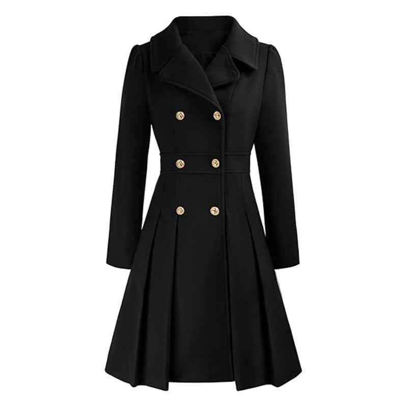 Deborah | Women's Double-Breasted Fit-and-Flare Coat – Notched Lapels, Pleated Skirt – Black