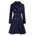 Deborah | Women's Double-Breasted Fit-and-Flare Coat – Notched Lapels, Pleated Skirt – Navy Blue