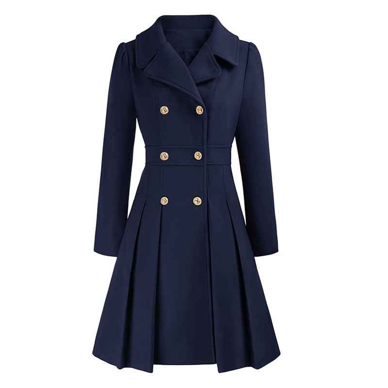 Deborah | Women's Double-Breasted Fit-and-Flare Coat – Notched Lapels, Pleated Skirt – Navy Blue