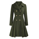 Deborah | Women's Double-Breasted Fit-and-Flare Coat – Notched Lapels, Pleated Skirt – Olive Green