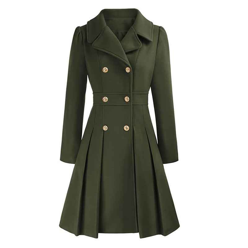 Deborah | Women's Double-Breasted Fit-and-Flare Coat – Notched Lapels, Pleated Skirt – Olive Green