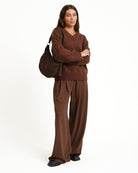 Dolores | Women's Relaxed V-Neck Sweater – Soft Knit Pullover, Ribbed Trims, Brown