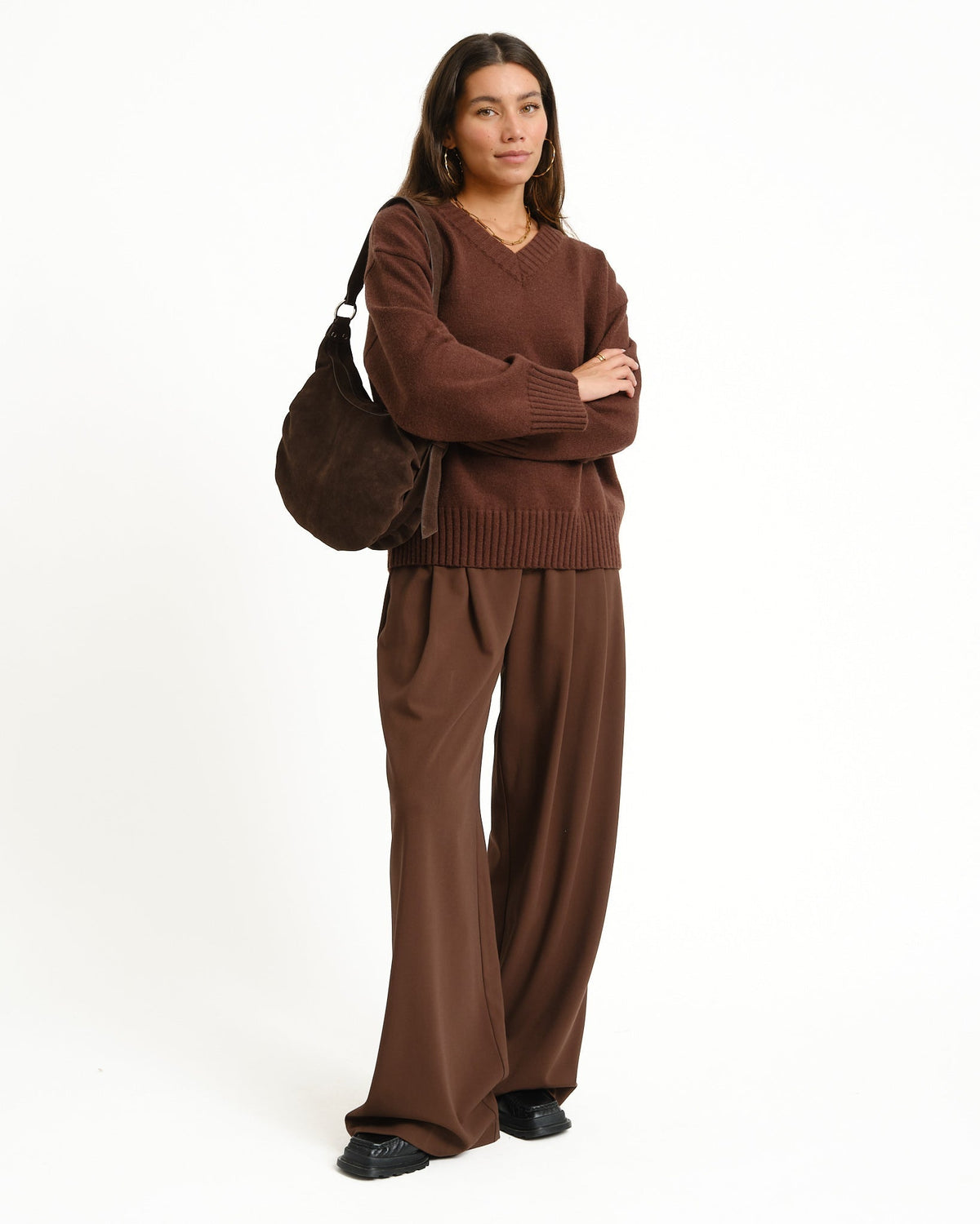 Dolores | Women's Relaxed V-Neck Sweater – Soft Knit Pullover, Ribbed Trims, Brown