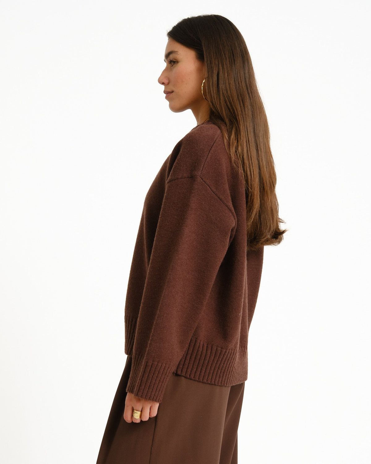 Dolores | Women's Relaxed V-Neck Sweater – Soft Knit Pullover, Ribbed Trims, Brown