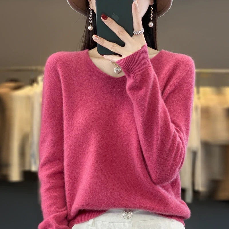 Elena | Women's V-Neck Wool-Feel Sweater – Lightweight Long Sleeve Knit Pullover – Rose Red